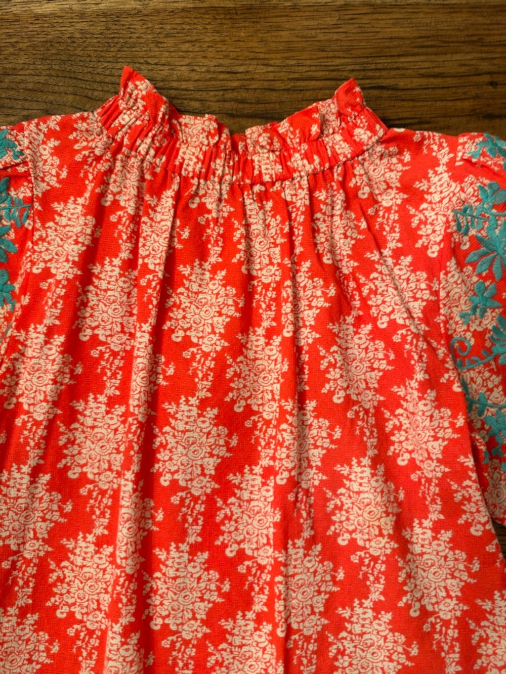 THML Embroidered Puff Sleeve Blouse Medium Coral Turquoise Boho Cotton - Picture 5 of 12